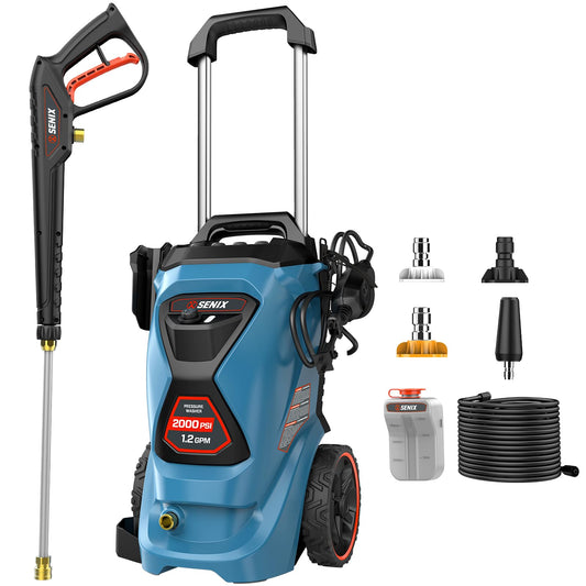 SENIX 2000 PSI Electric Pressure Washer, 1.2 GPM Compact Power Cleaner w/ 4 Nozzles, 25ft Hose & 35ft Cord. Portable High-Pressure Sprayer for Cars, Driveways, Patios, Decks & Home Outdoor Use
