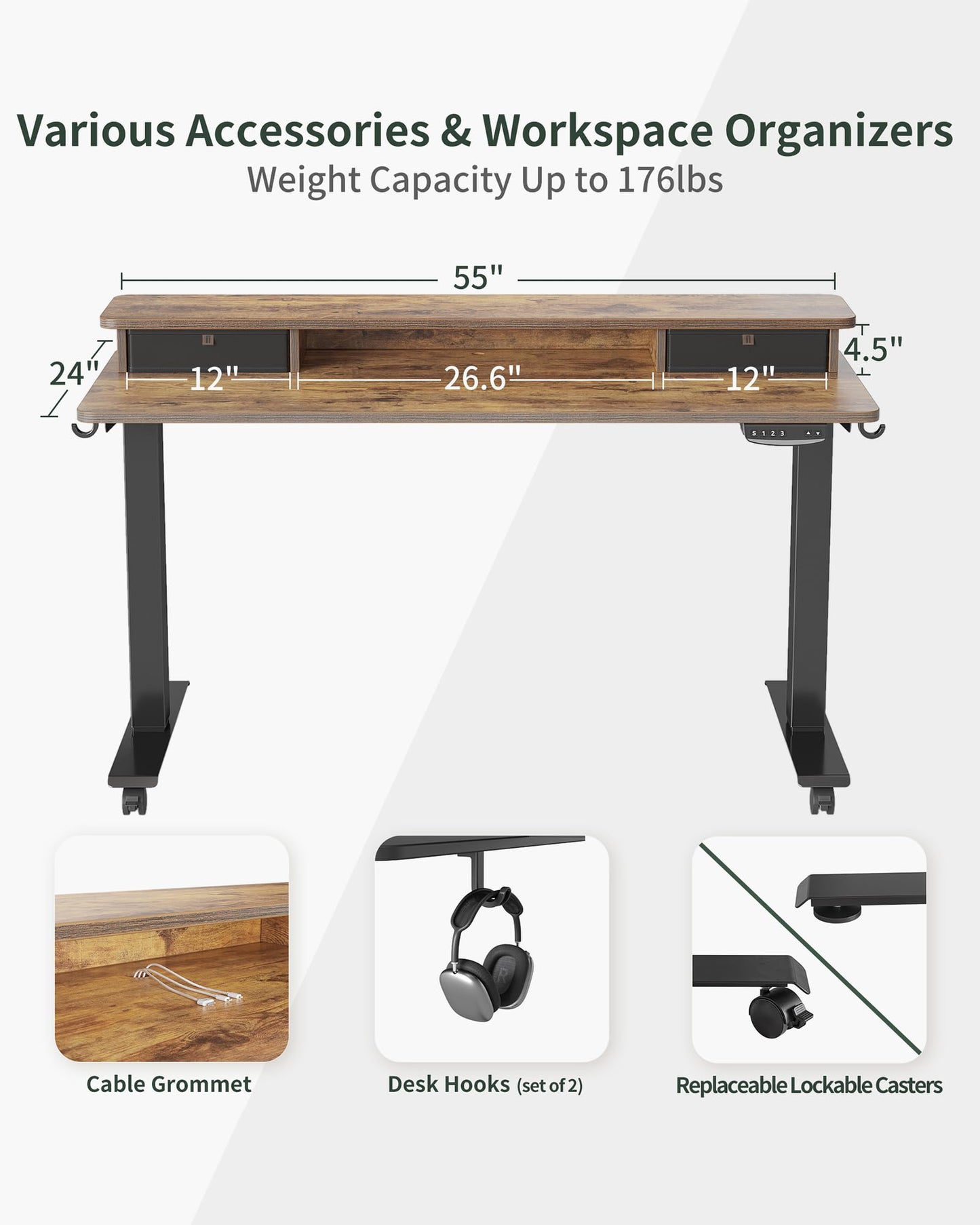 BANTI 55''x24''Standing Desk with Drawers, Adjustable Height Stand Up Desk with Storage Shelf, Sit Stand Home Office Desk with Splice Board, Black Frame/Rustic Brown Top