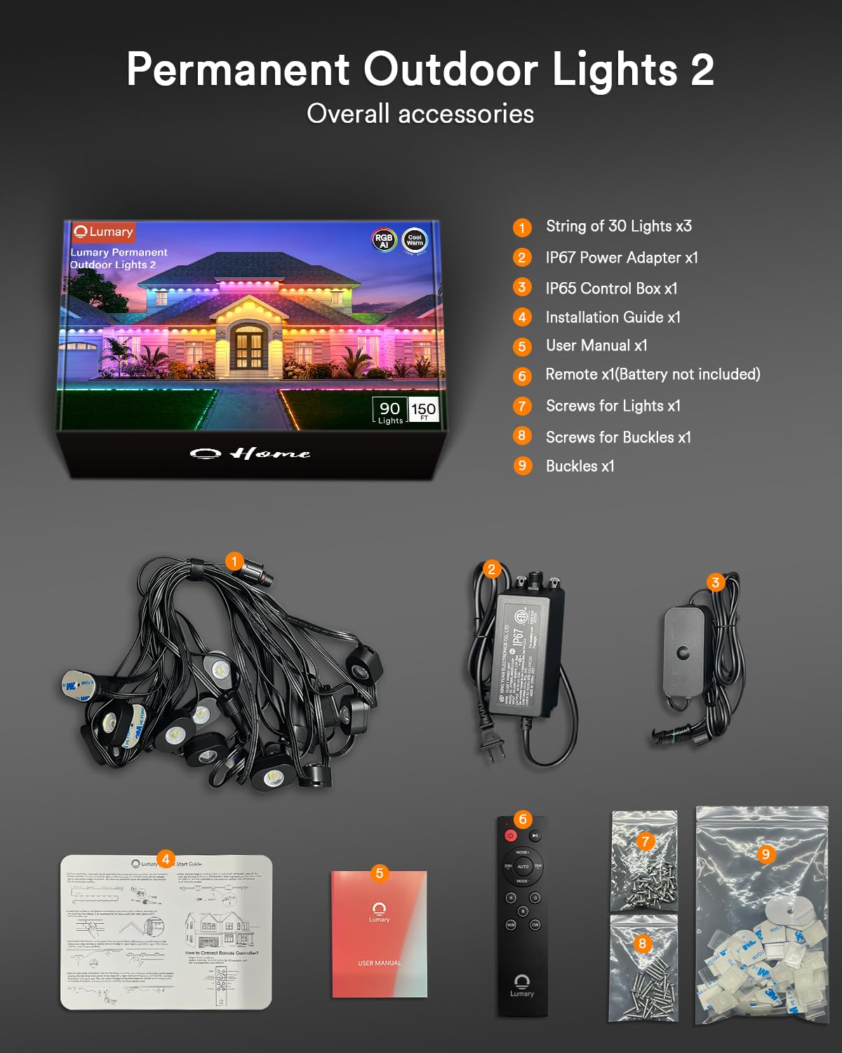 Lumary Smart Permanent Outdoor Lights 2 With Remote  150Ft With 90 Rgbaicw Leds 5400Lm For Daily And Accent Lighting  110+ Scenes For Halloween Christmas Decor  Compatible With Alexa Google  Black