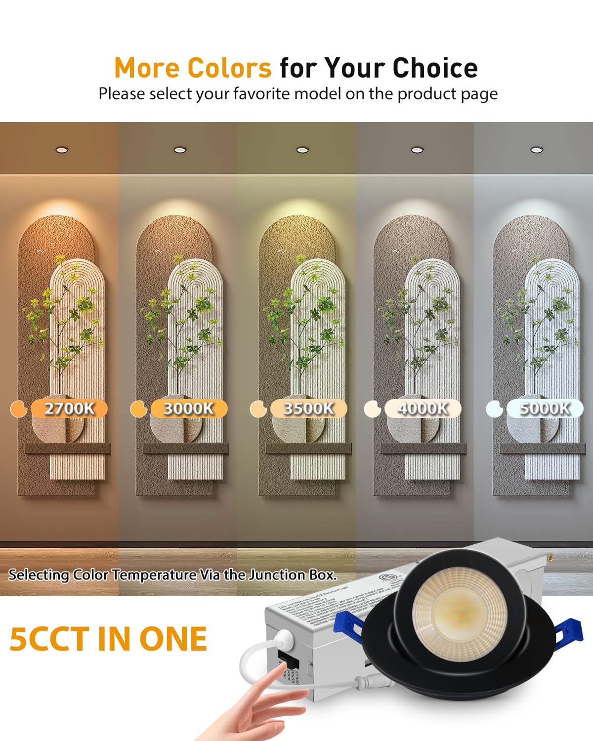 Adetu 2 Inch 5Cct Gimbal Black Led Recessed Lighting With Junction Box  360?90?Adjustable Led Recessed Lights  2700K/3000K/3500K/4000K/5000K  5W Eqv 50W  550Lm Brightness - Etl (Black  12 Pack)