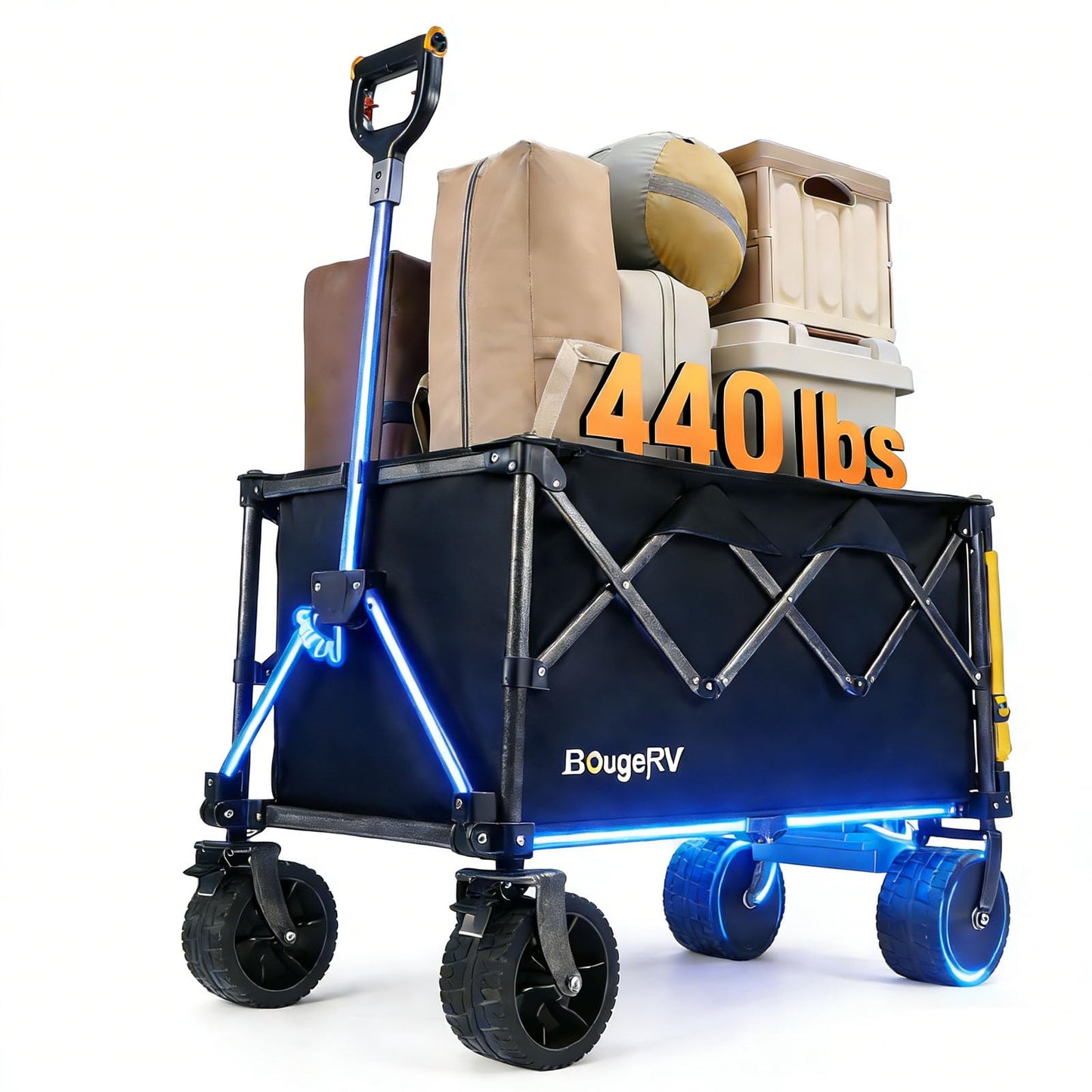 BougeRV Electric Utility Wagon w/ 133Wh Battery, 440 lbs Load Collapsible Garden Cart, 4" All-Terrain Outdoor Motor-Driven Foldable Wagon, Ideal for Camping, Gardening (Battery Charger NOT Included)