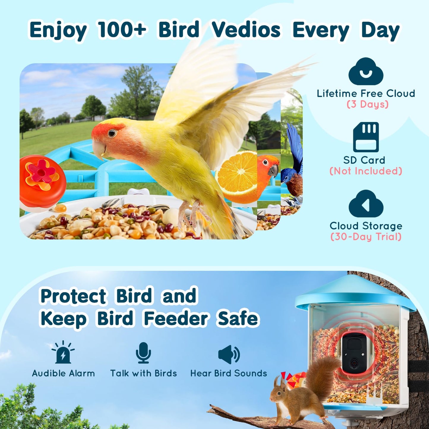 Happybuy Smart Bird Feeder with Camera, 2K HD AI to Identify Over 10000 Bird Species, Solar-Powered with 3 Panels, Auto Capture & Instant Notify for Outdoor Bird Watching, Ideal Gift for Bird Lovers