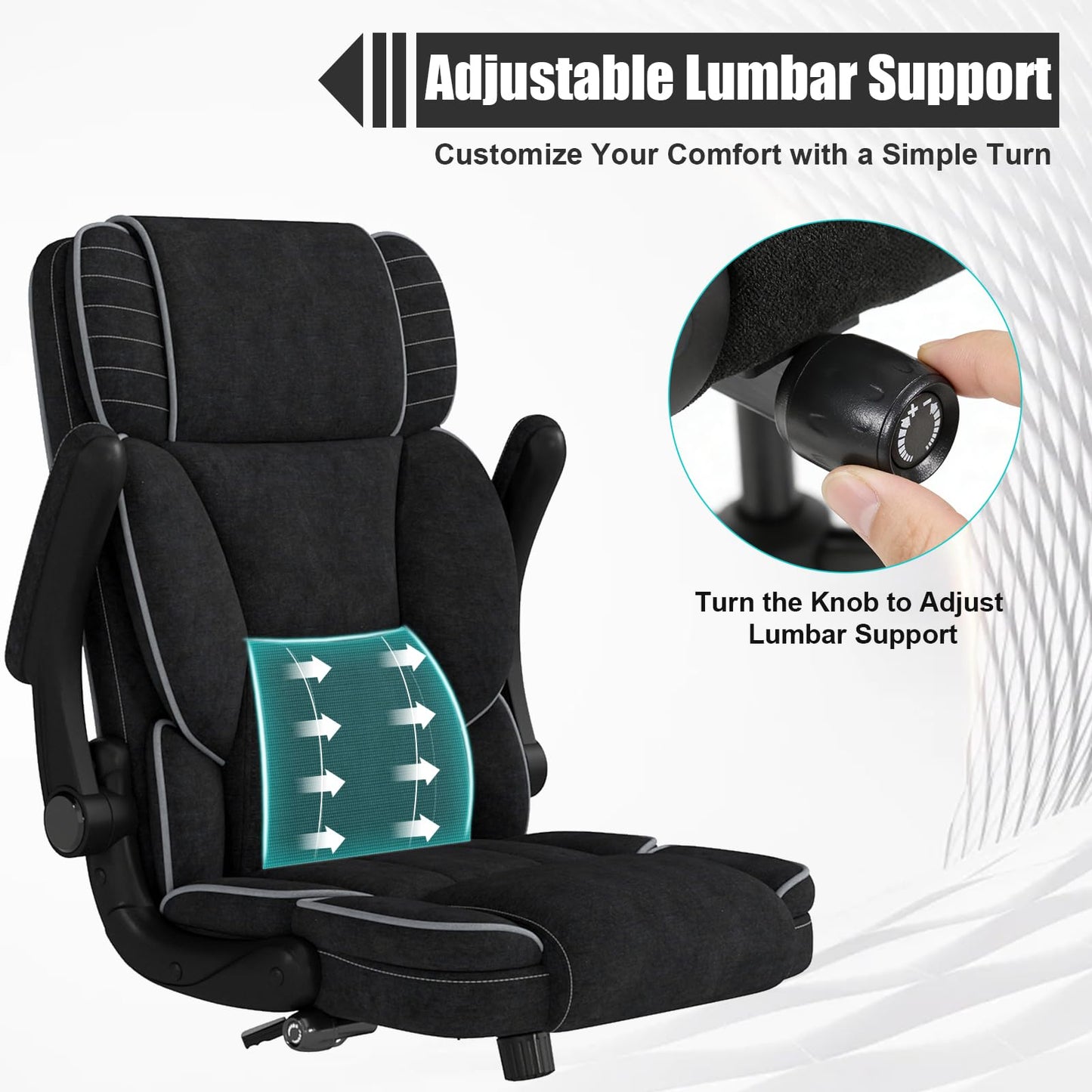 Big and Tall Office Chair with Adjustable Lumbar Support,Breathable Fabric High Back Desk Computer Chair with Adjustable Flip-up Armrests,Ergonomic Swivel PC Chair with Rocking Function