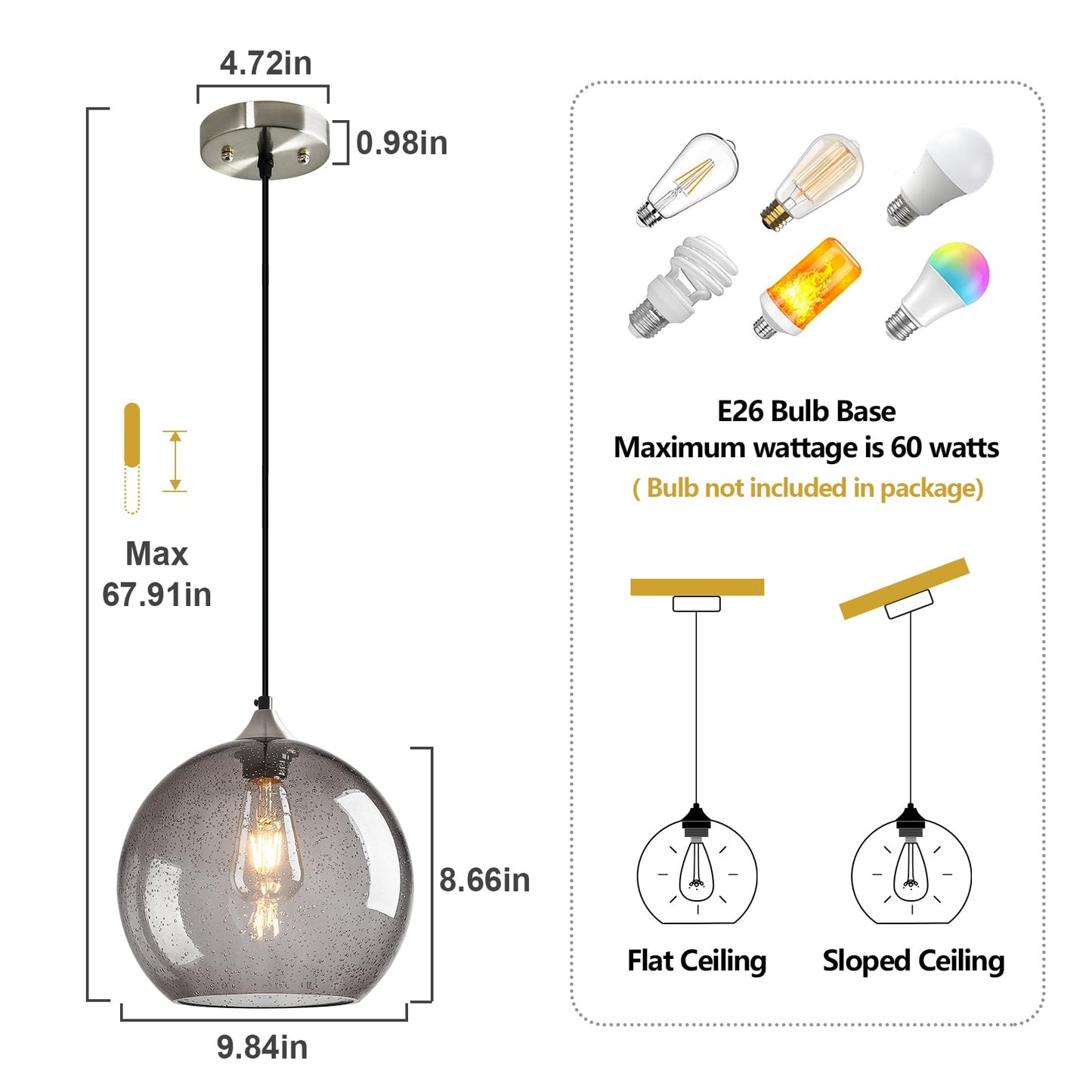 Lbsqj Light Grey Glass Pendant Lights Kitchen Island Globe Pendant Light Fixtures Modern Pendant Lighting For Bedroom Living Dining Room Light Fixture (9.84 In  1 Pack)