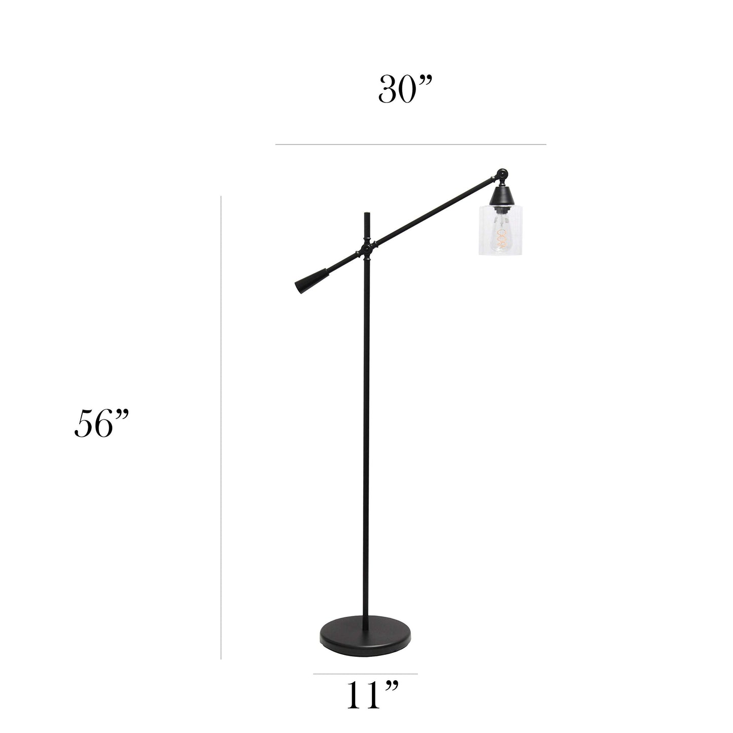 Elegant Designs Floor Lamp, Pivot Arm, Glass Shade, 30inL x 11inW x 56inH, Metal, Black, Model LF1030-BLK
