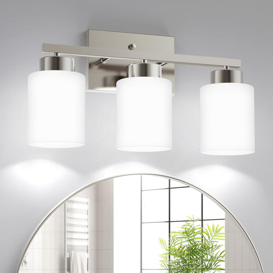 Partphoner 3-Light Brushed Nickel Bathroom Light Fixtures  Modern Vanity Light Over Mirror Lighting  Wall Sconce With Frosted Milky White Glass Shades For Bedroom Living Room Kitchen Hallway