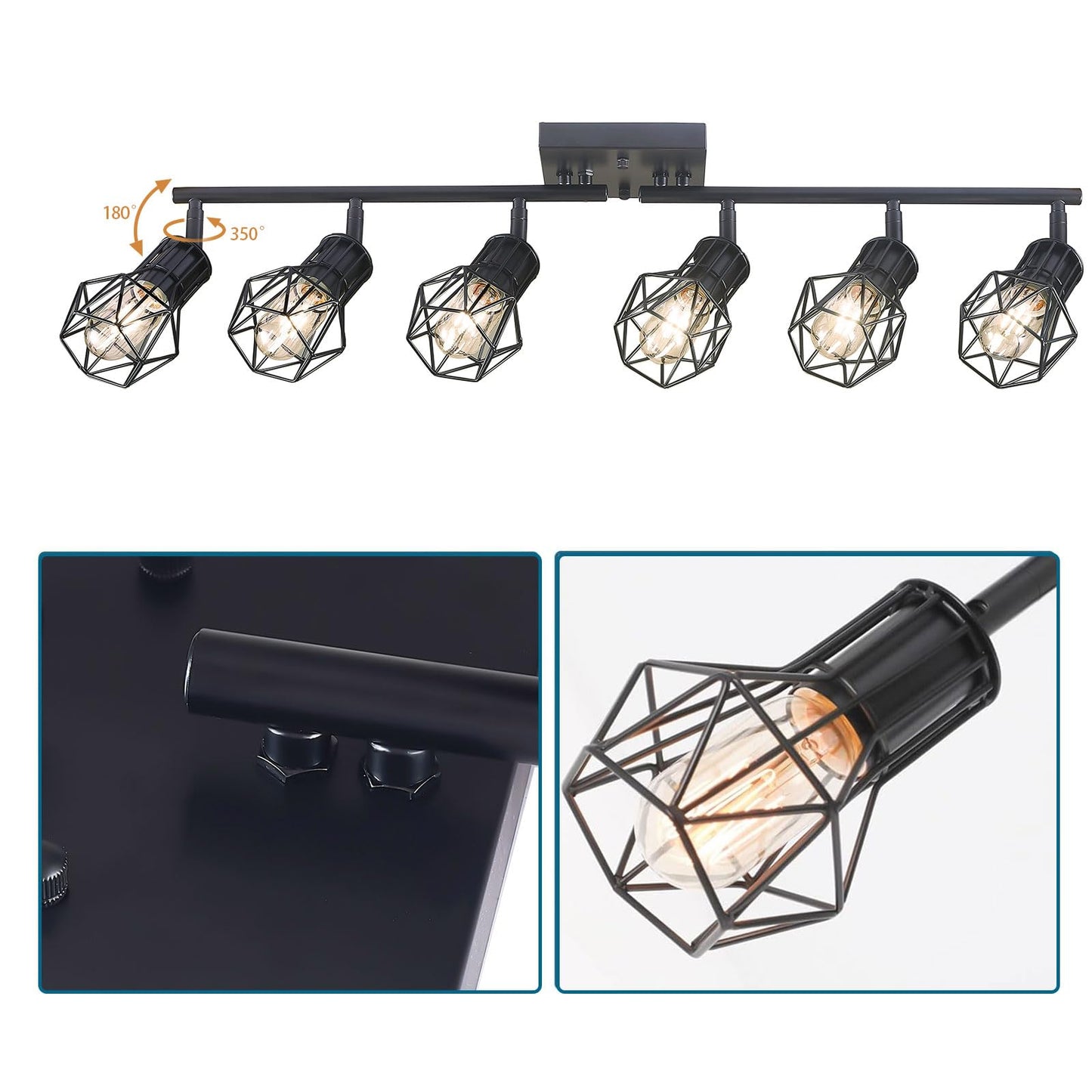 Banganma Black Track Lighting Fixtures Ceiling 6-Light Farmhouse Track Lighting With Metal Cage Design - Kitchen Lights Ceiling Mount For Kitchen  Living Room  Dining Room (E26 Base)