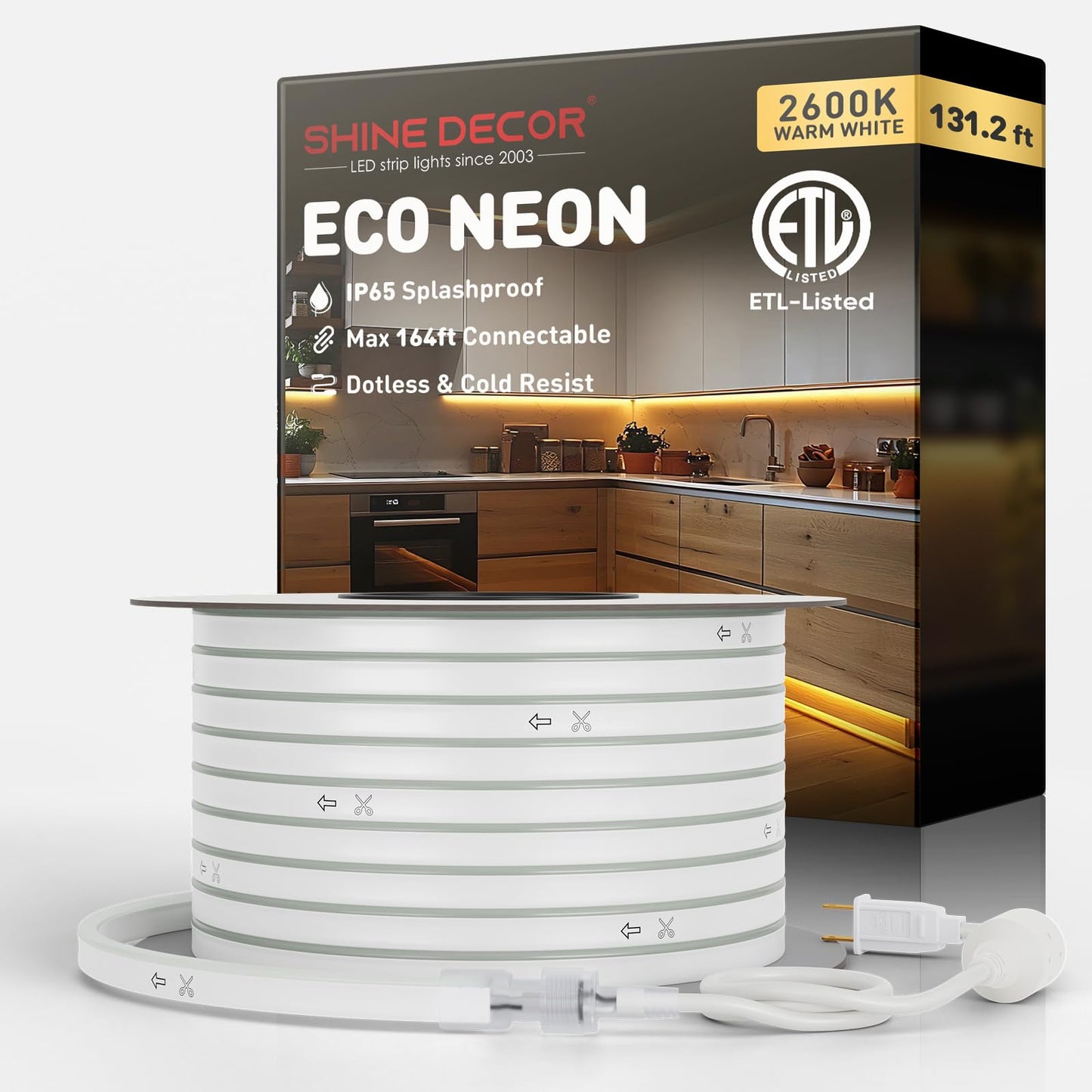 Shine Decor LED Neon Rope Lights, 131.2FT, Warm White, Outdoor Waterproof, Flexible PVC Strip, 120LEDs/M, ETL Plug&Play