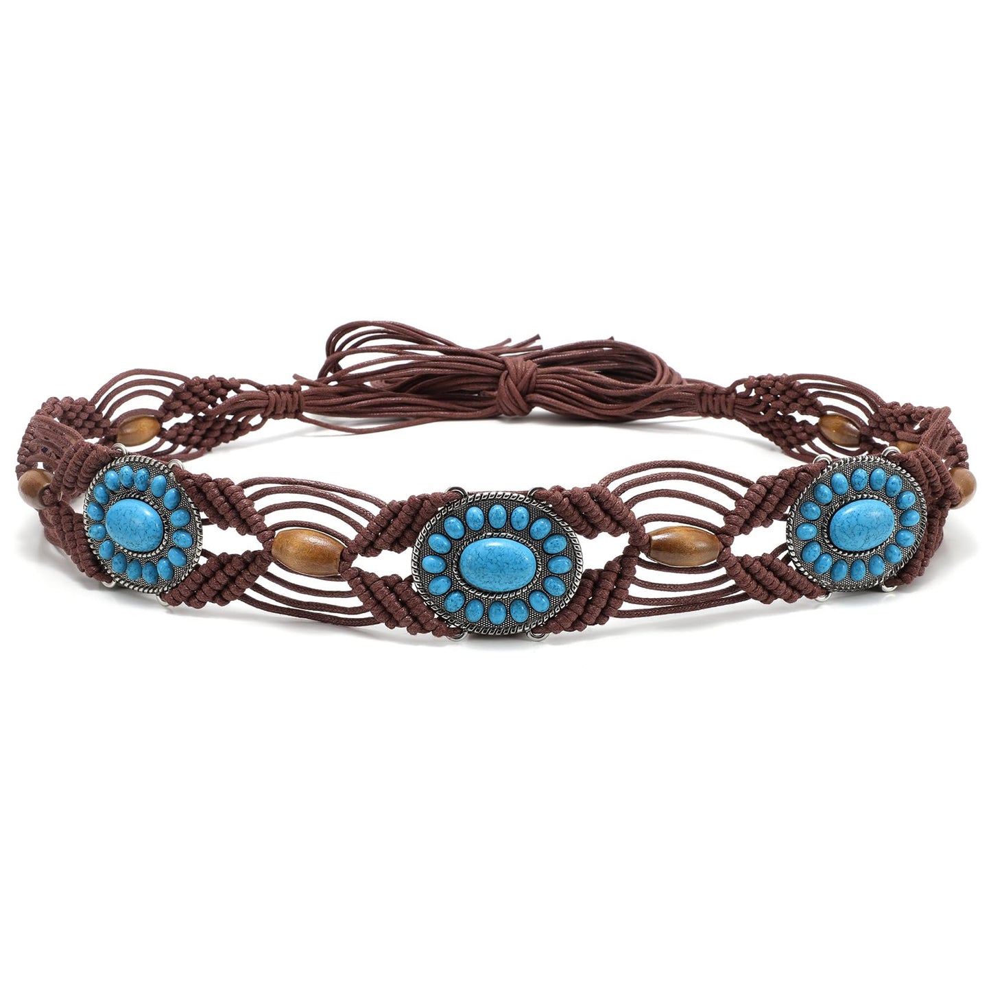 WHIPPY Boho Turquoise Belt for Women Wax Rope Braided Waist Belt Ethnic Western Hand-Woven Beaded Tassel Belts for Dress