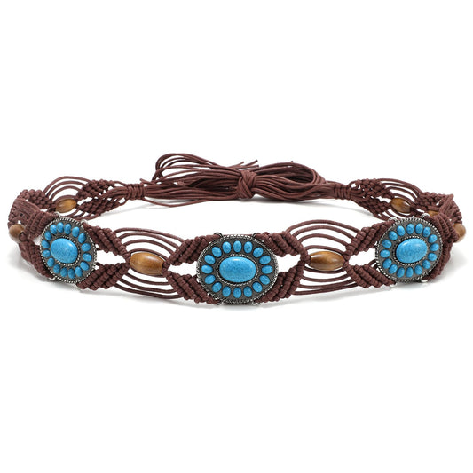 WHIPPY Boho Turquoise Belt for Women Wax Rope Braided Waist Belt Ethnic Western Hand-Woven Beaded Tassel Belts for Dress