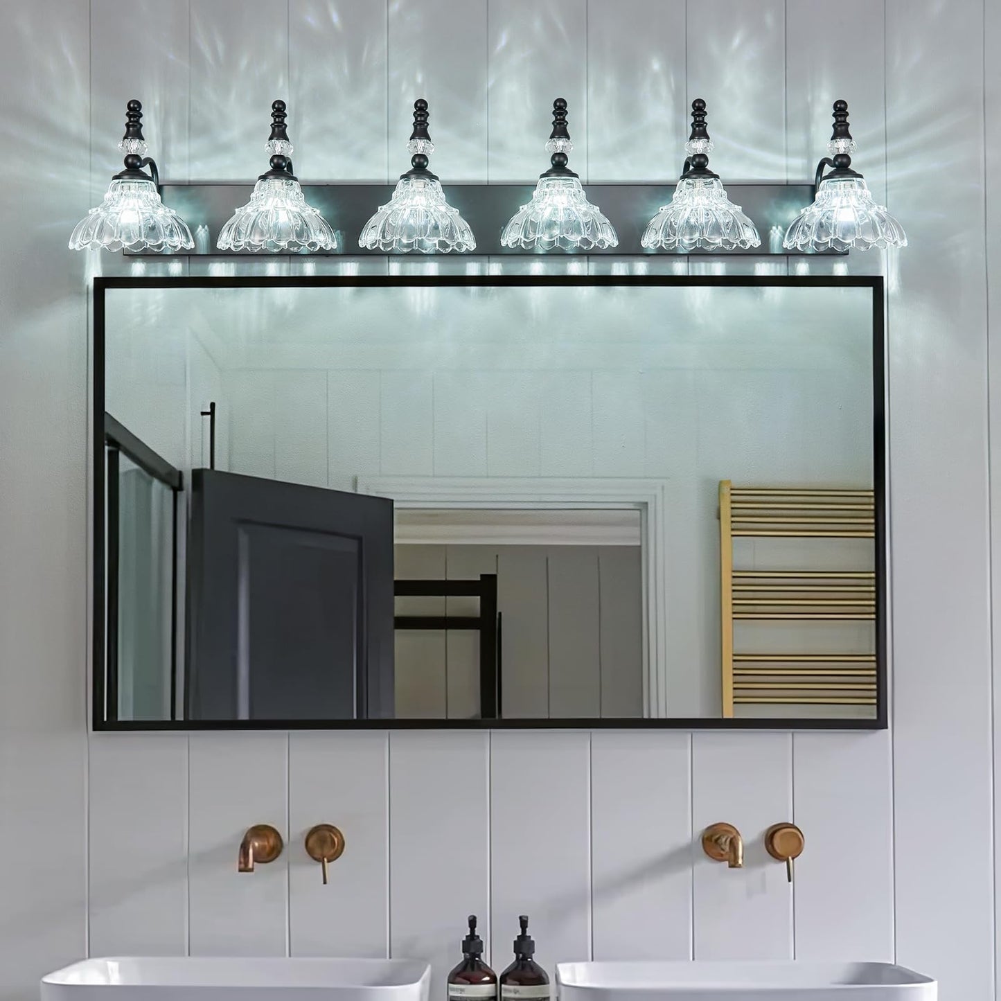 Lbsqj Vintage Bathroom Vanity Light  6-Light Black Vanity Lighting Fixture With Flower Glass Shade  Bathroom Lighting Fixtures Over Mirror