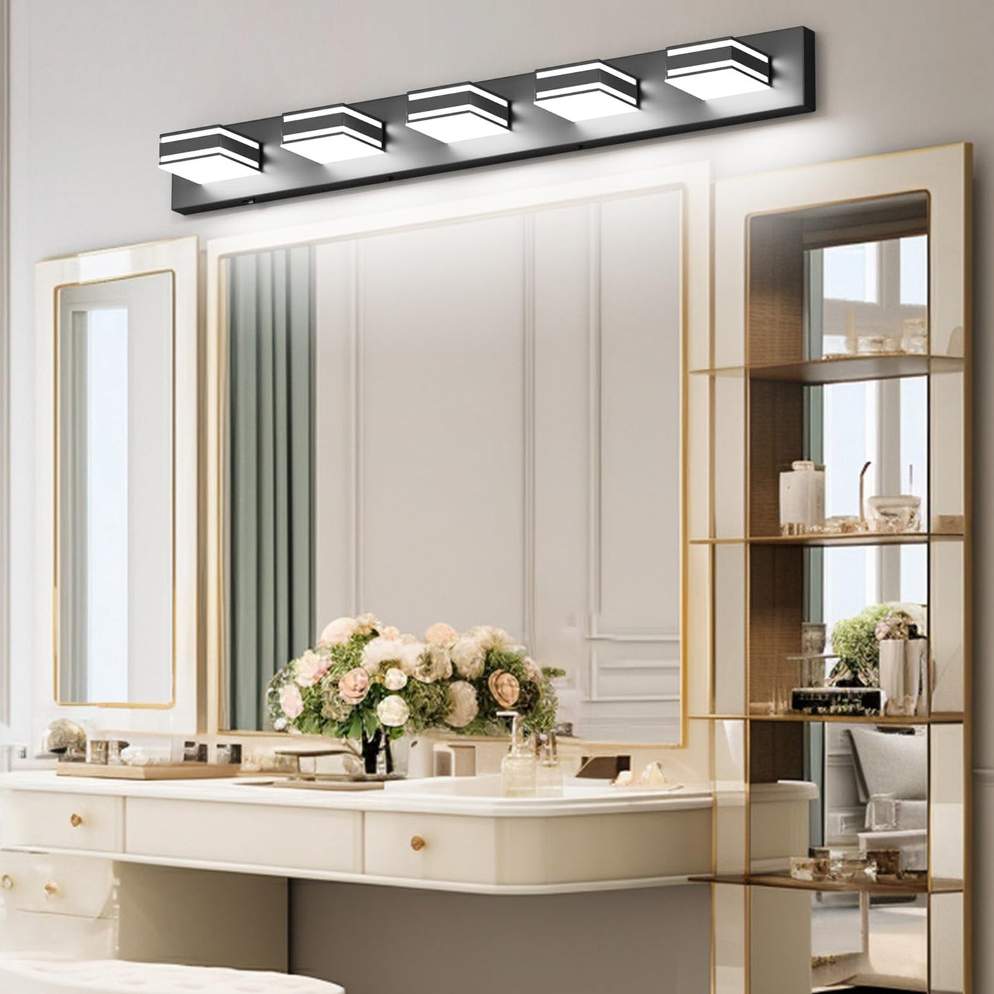 Ralbay 40.5Inch Black Vanity Light With 5 Color Temperatures (3000K-6000K) Dimmable Metal Acrylic Modern Led Matte Black Bathroom Lighting Over Mirror (5-Light)