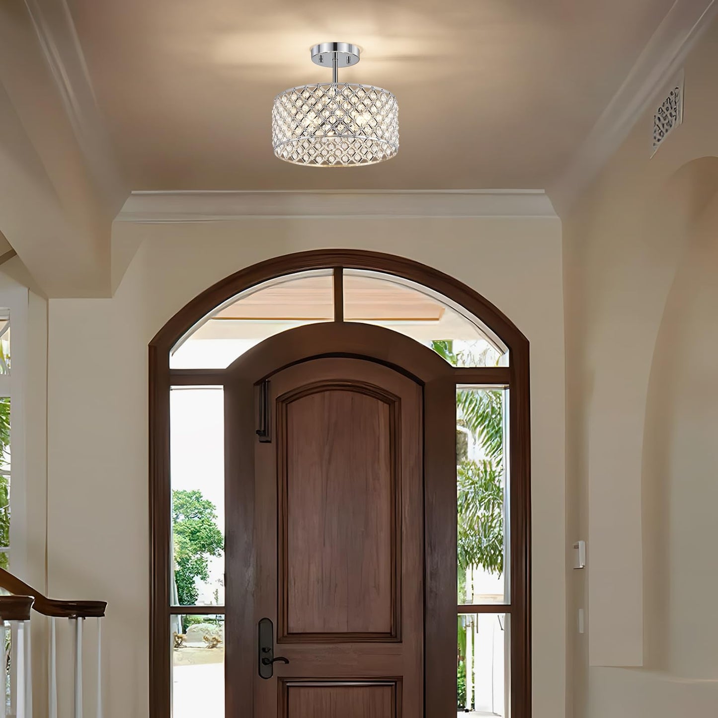 Bzvesr Chrome Crystal Ceiling Light Fixture Modern Semi Flush Mount Ceiling Lighting Fixture Round Small Chandelier For Dining Room  Hallway  Entryway  Kitchen  Bedroom Foyer 3 Light 12 Inch