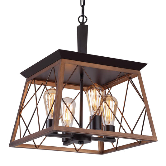 Q&S Farmhouse Rustic Chandelier, Antique Geometric 4 Lights, Metal, Square, Bronze, Model P2006-4BR