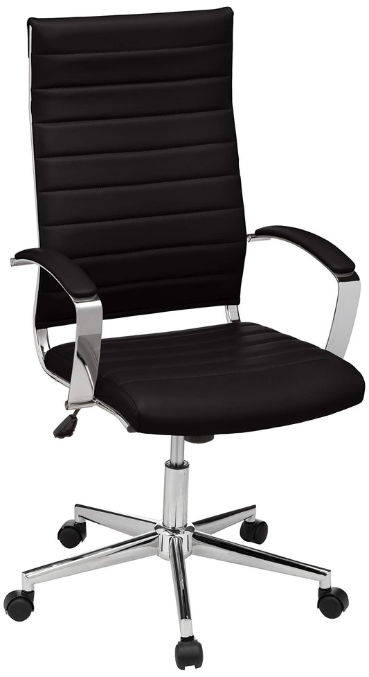 Amazon Basics High-Back Swivel Office Chair with Lumbar Support, Ergonomic Ribbed Faux Leather, Adjustable Height, 45.25" x 24.75" x 23.25", Black