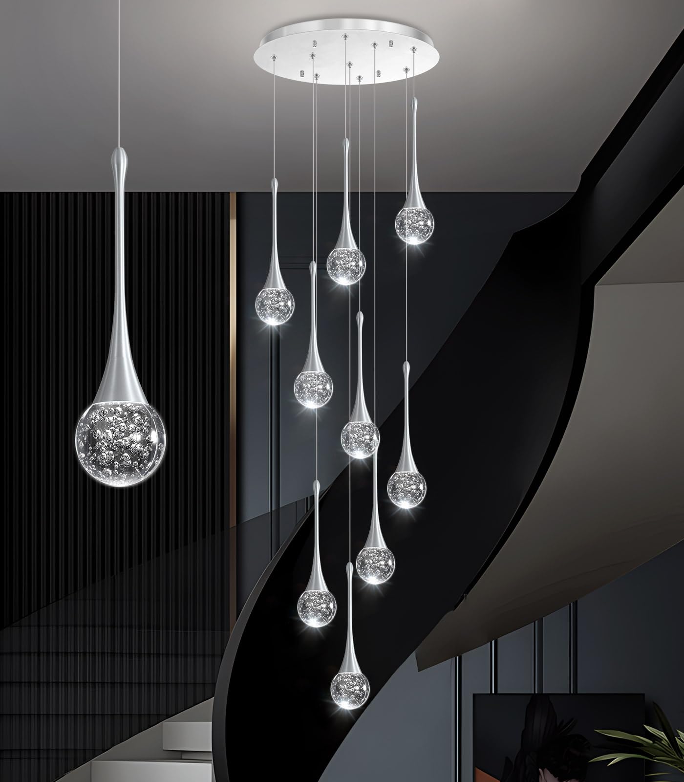 9 Light Modern Glam Crystal Chandelier For High Ceiling Led Dimmable Ceiling Pendant Light Staircase Foyer Enterway Living Room Chandelier Lighting Antique Silver