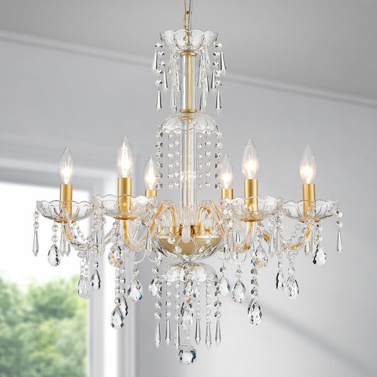 Wuzups 6-Light Crystal Candle Chandelier Pendant Ceiling Light Modern Lighting Fixture For Bedroom Hallway Bar Kitchen Bathroom  H 25.6 W 24.4  E12 Base  Gold