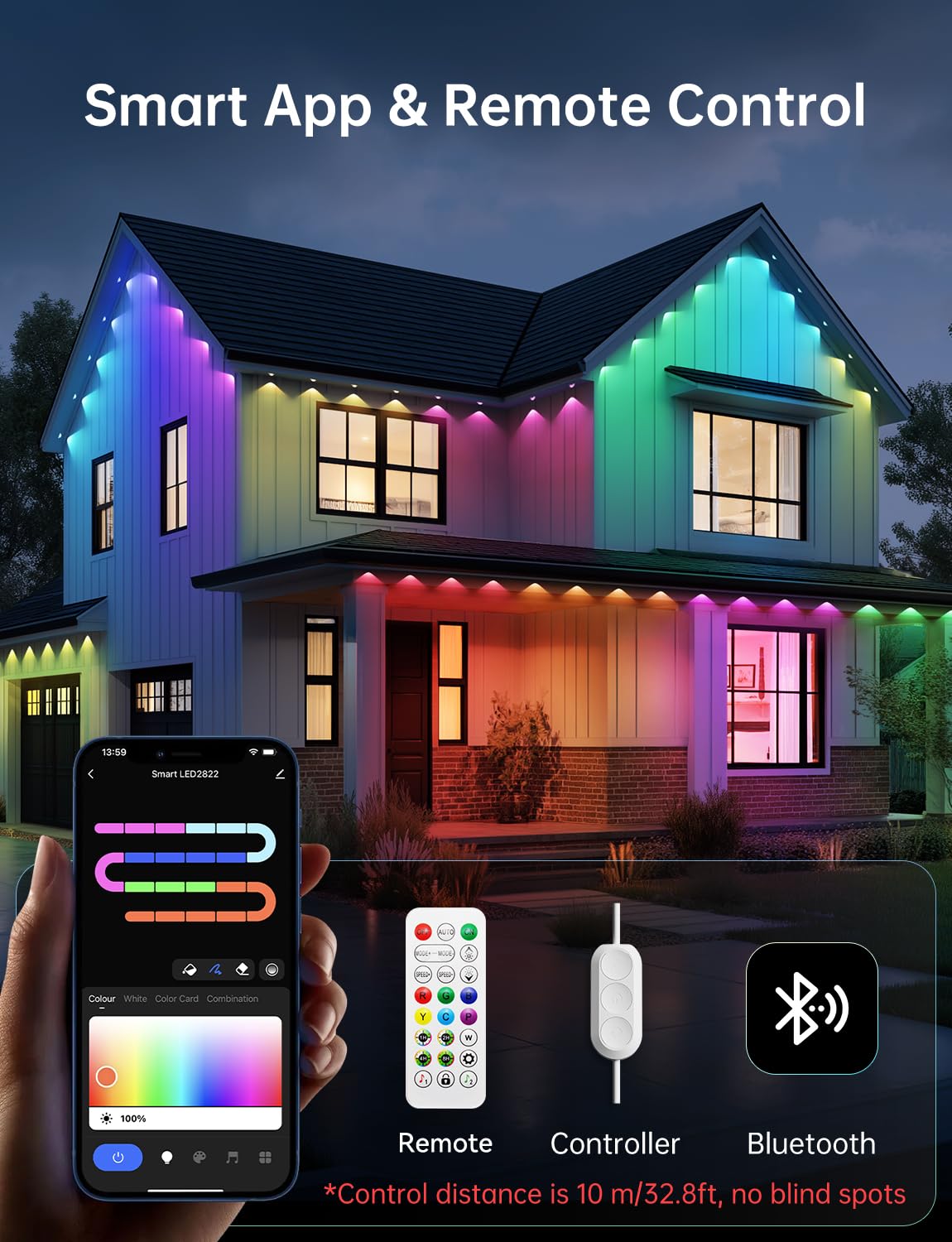 Lemonlovely Permanent Outdoor Lights Pro 100Ft With 50 Smart Ic+Rgbcw Christmas Halloween House Lights With Warm/Cool/Nature White Leds  Ip67 Waterproof For Holiday Daily Decor Accent Lighting
