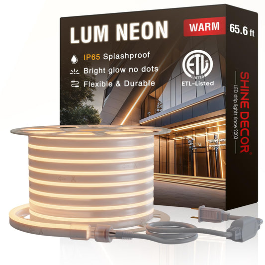 Shine Decor Led Neon Rope Lights 120Vac  120Leds/M Lum Strip Lighting End Extendable 2500K Warm White 65Ft  Water & Cold Resistant For Outdoor Indoor  4520Lm Bright 8X16Mm Etl Listed