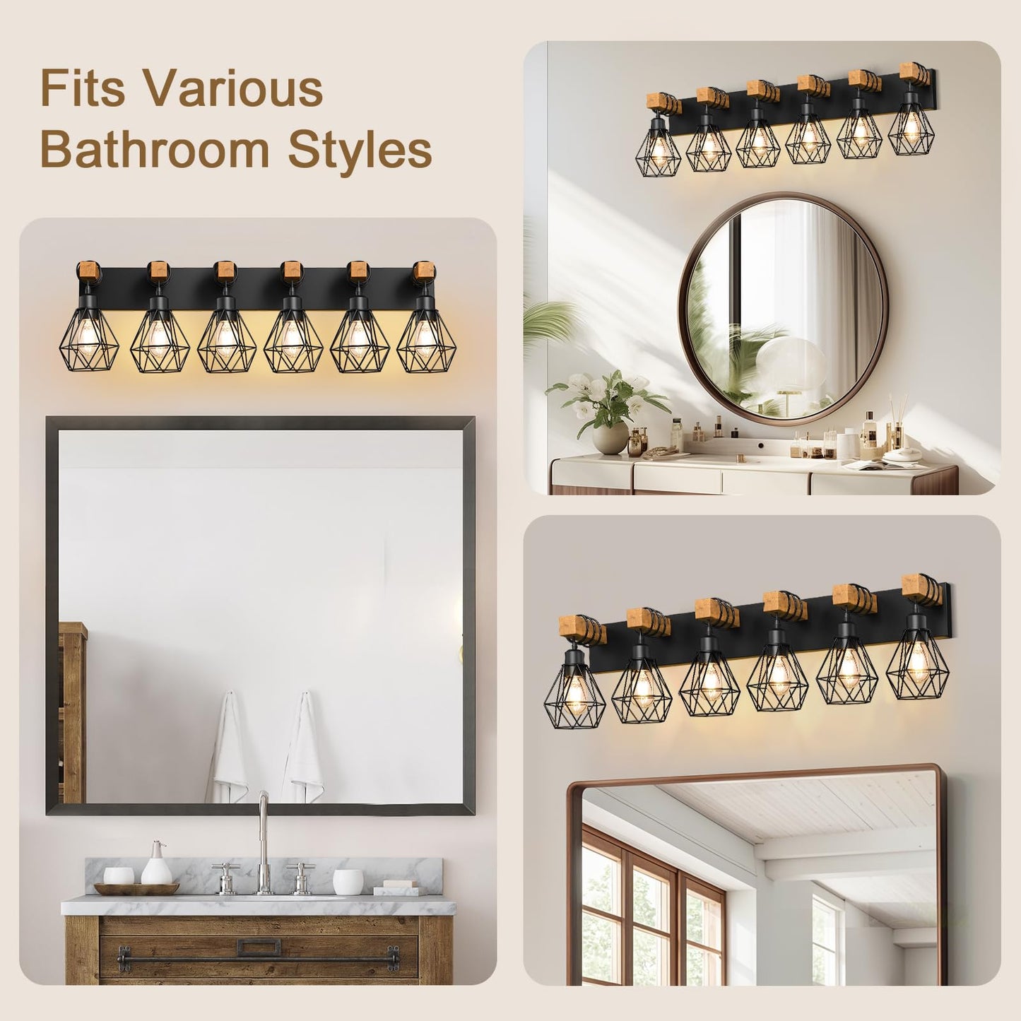 Izorro Farmhouse Bathroom Vanity Light Fixtures  6-Light Wood Bathroom Lighting Fixtures Over Mirror  Black Rustic Industrial Sconces Wall Lights With Metal Lampshade For Living Room  Bedroom