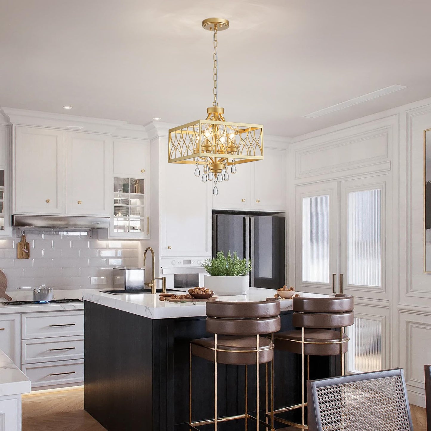 Farmhouse Crystal Chandelier Gold Modern K9 Crystal Ceiling Chandelier Lighting Fixture  Hanging Pendant Light Fixture  Kitchen Island Lighting For Dining Room Living Room Entryway Bedroom Hallway