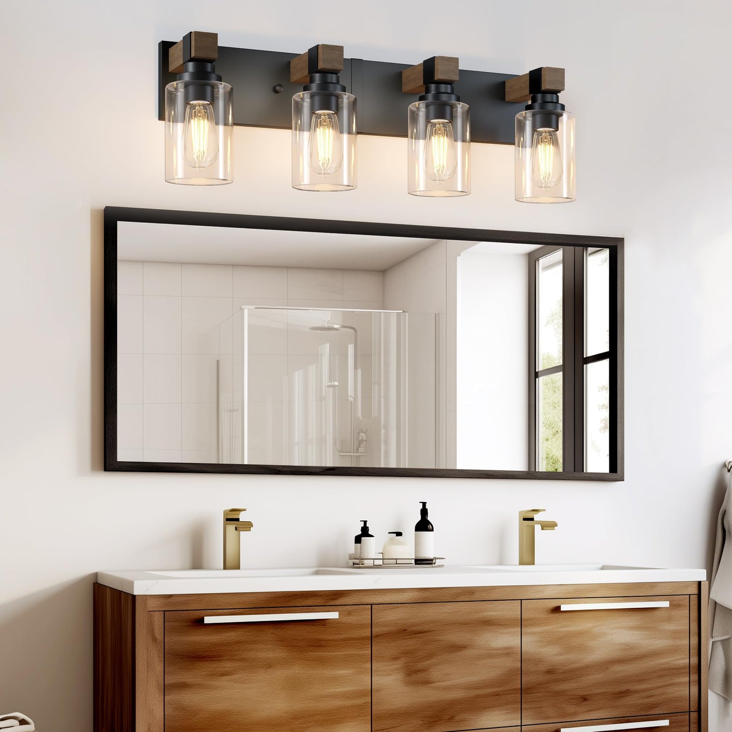 Farmhouse Bathroom Vanity Light Fixtures  Rustic 4-Light Wood Vanity Lights For Bathroom  Vintage Black Wall Sconces Lighting  Light Fixtures Over Mirror  With Glass Shade