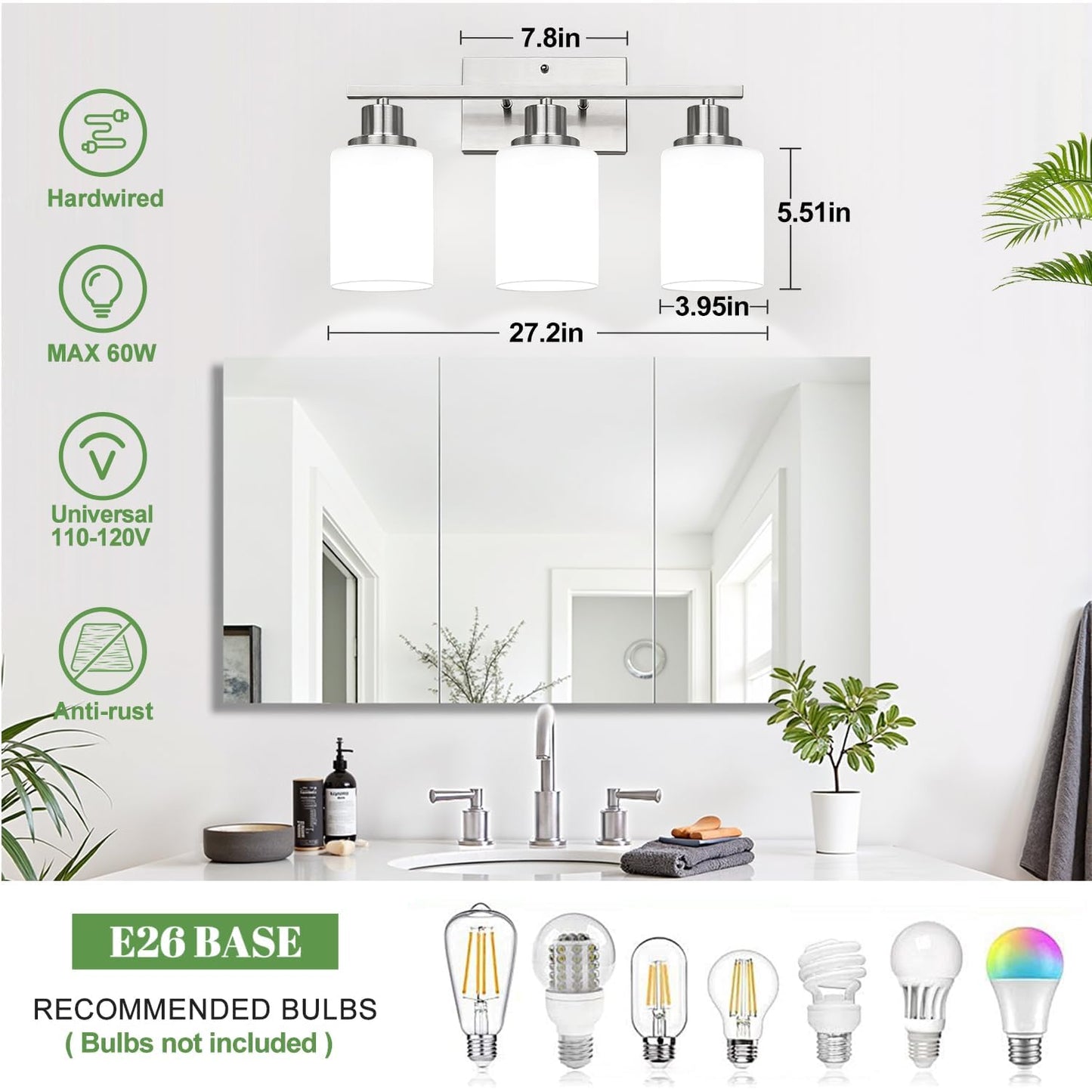 3-Light Bathroom Light Fixtures  Brushed Nickel Vanity Light With Milky White Shades  Bathroom Lighting Fixtures Over Mirror  Modern Bathroom Wall Lamp For Mirror Living Room Cabinet Bedroom