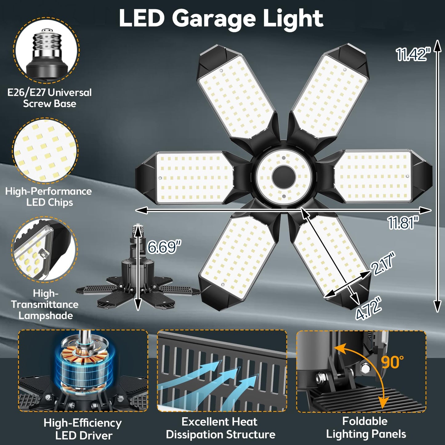 Led Garage Light Super Bright 15000Lm Led Shop Ceiling Lights 6500K Garage Lighting  360?180?Adjustable Basement Lights With 6 Deformable Panels Screw In E26 E27 Socket For Storage Attic  4 Pack