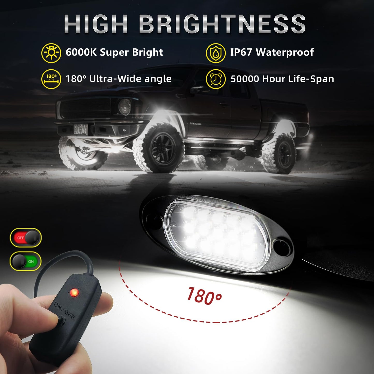 10 Pods Pure White Led Rock Lights With Power Swith Wiring Harness  6000K Super Bright Waterproof Under Trailer Lighting White Underglow Kit For Trucks Trailer Offroad Pickup Sxs Atv Utv
