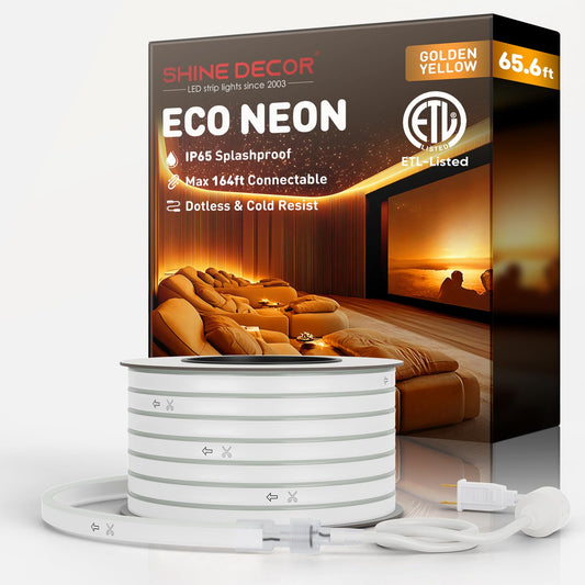 Shine Decor LED Neon Rope Lights, 65.6FT Amber Golden Yellow, Waterproof PVC, ETL Plug&Play for Home Commercial Use
