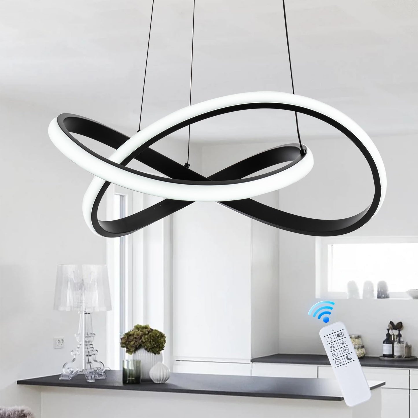 Mayna Modern Chandelier With Remote Control  Dimmable Led Pendant Light Fixtures With 3 Color Temperature  Height Adjustable Kitchen Island Lighting For Dining Room Kitchen Entryway  Black 19.7 Inch