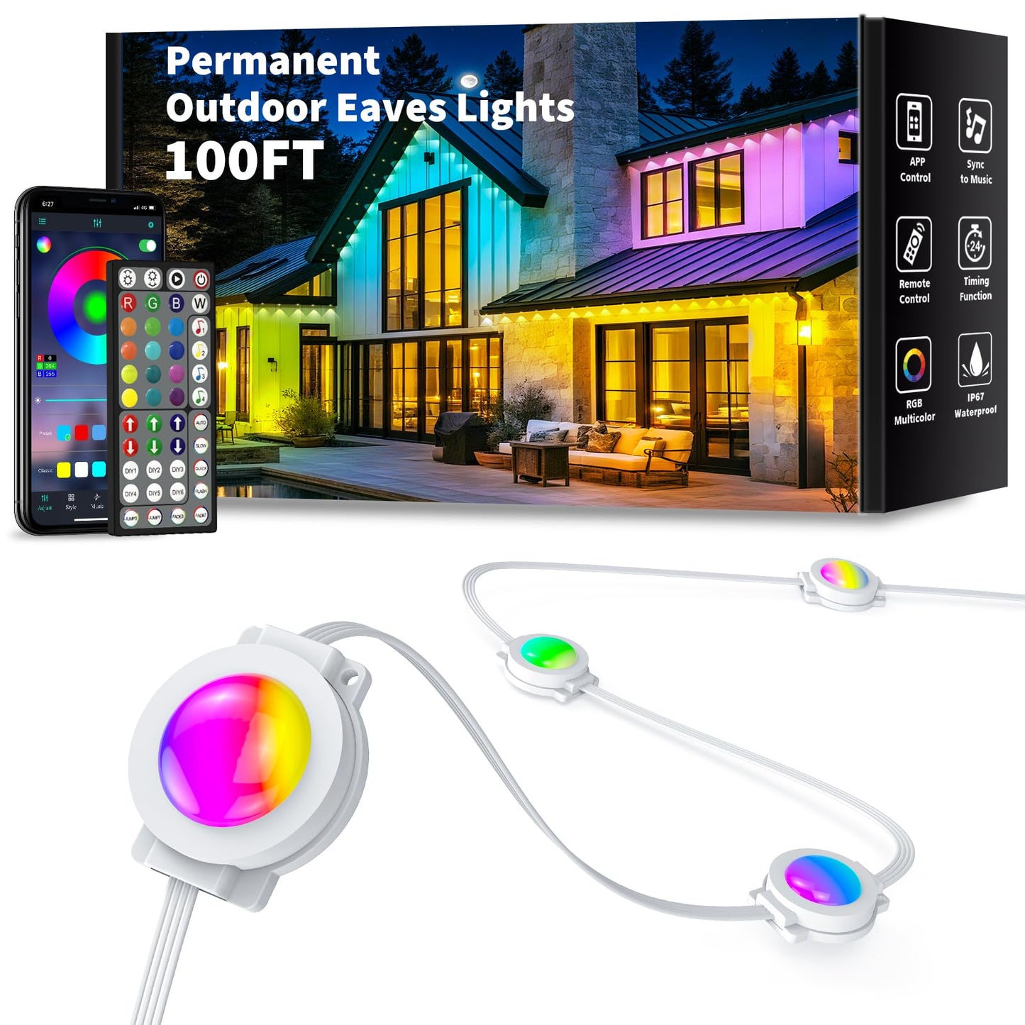 Yibulayin 100Ft Permanent Outdoor Lights Waterproof  Smart Rgb Eaves Lights With App/Remote Control  Diy Scene Modes  Led Outdoor Lighting For Christmas Holidays Daily Party House Roof Lighting