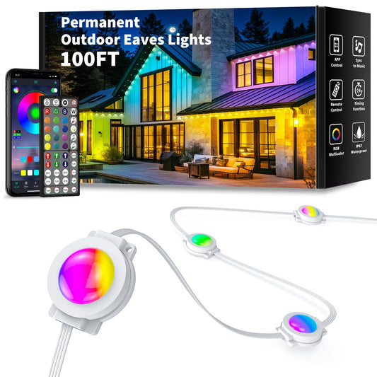 Yibulayin 100Ft Permanent Outdoor Lights Waterproof  Smart Rgb Eaves Lights With App/Remote Control  Diy Scene Modes  Led Outdoor Lighting For Christmas Holidays Daily Party House Roof Lighting