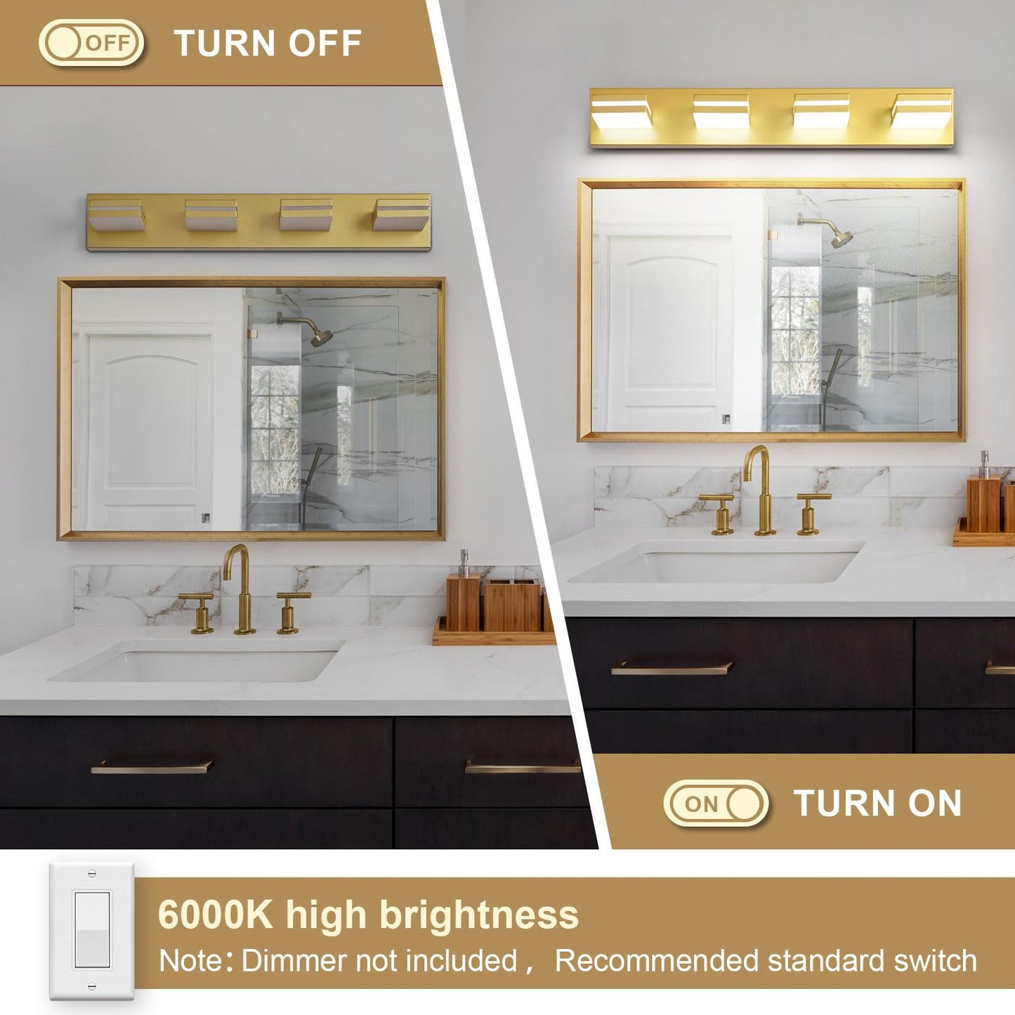 Jzekvn Modern Led Bathroom Lights Fixtures(4-Light) Metal Gold Acrylic Wall Lighting Vanity Lights For Bathroom Over Mirror(6000K 27In