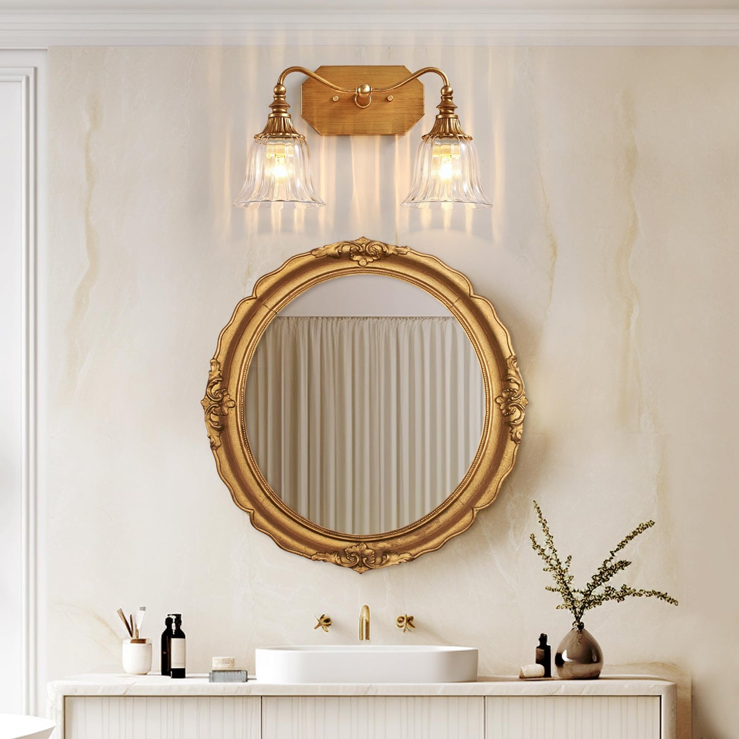 Lmnlvn Bathroom Vanity Gold Light Fixture  2 Lights Bathroom Lighting Matte Antique Brass Finish With Crystal Glass Shade  Gold Vintage Vanity Light For Bathrooms