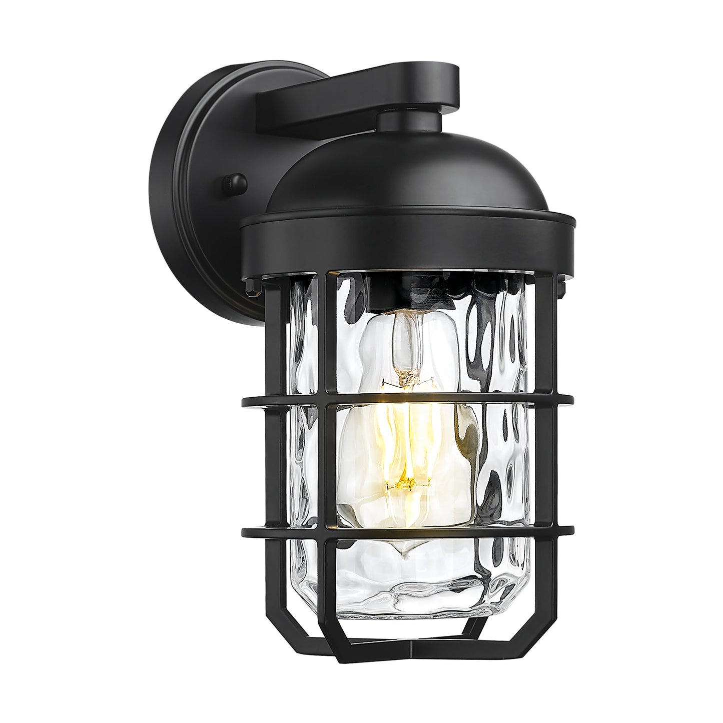 Emliviar 1-Light Porch Wall Lantern With Metal Cage  Outdoor Sconce Wall Mounted Lighting With Water Ripple Glass  Matte Black Finish  Ge255Bl Bk-Wg