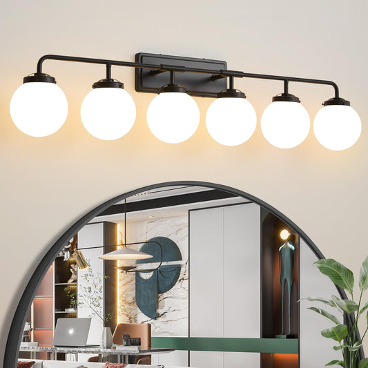 Deyidn Bathroom Light Fixtures Over Mirror  6-Light Matte Black Vanity Lighting With Milk White Glass Globe Shades Modern Wall Sconce