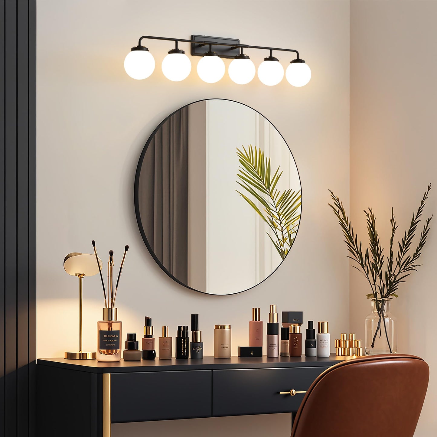 Deyidn Bathroom Light Fixtures Over Mirror  6-Light Matte Black Vanity Lighting With Milk White Glass Globe Shades Modern Wall Sconce