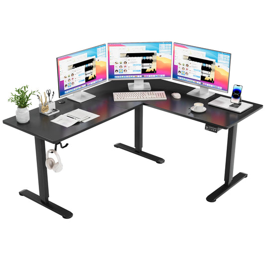 Furmax L Shaped Standing Desk with 2 Preset Heights, Electric Height Adjustable Computer Table, 2 Hooks & Feet Balance, Corner Sit Stand Desk for Home Office