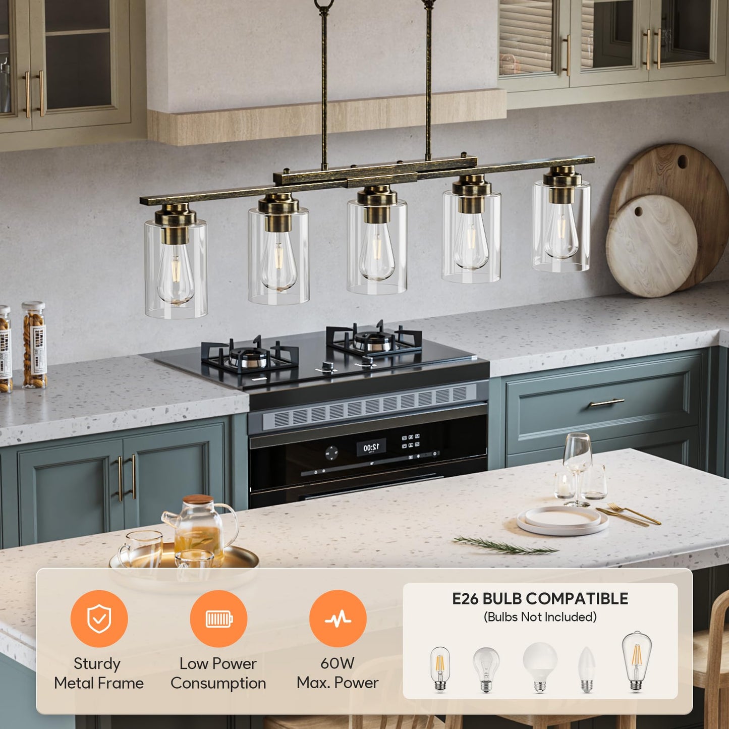 Vonluce Kitchen Island Lighting  5-Light Dining Room Light Fixture Over Table With Glass Shade And Adjustable Rods  Farmhouse Linear Chandelier For Kitchen Living Room  Antique Black  Etl Certificated