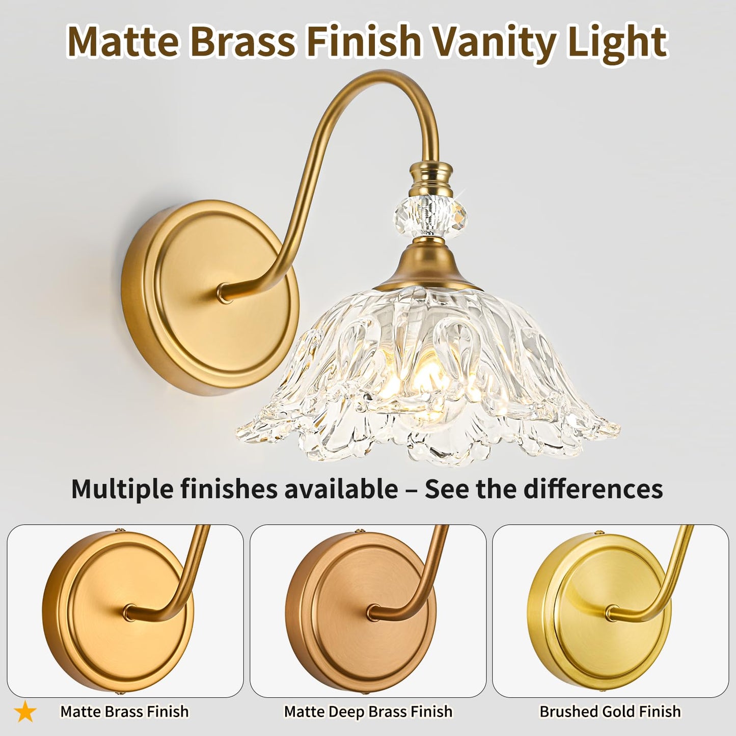 Sunkryster 1 Piece Vintage Wall Sconce With Floral Clear Glass Shade  Matte Brass Finish Wall Mount Lighting For Bathroom Vintage Bathroom Vanity Light Fixtures