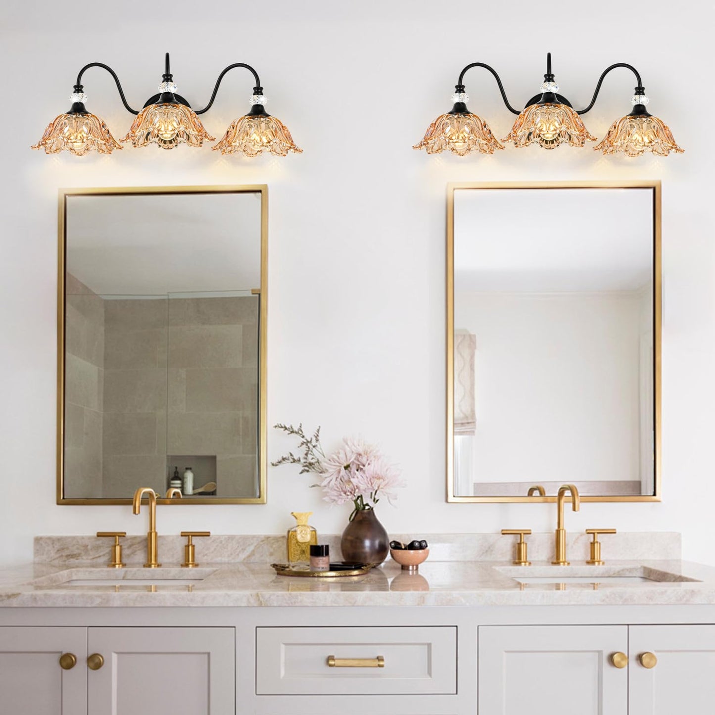 Sunkryster Black Bathroom Vanity Light 3-Light Vanity Light With Floral Amber Glass Shades Vintage Farmhouse Wall Mount Lighting For Bathroom  Dressing Table
