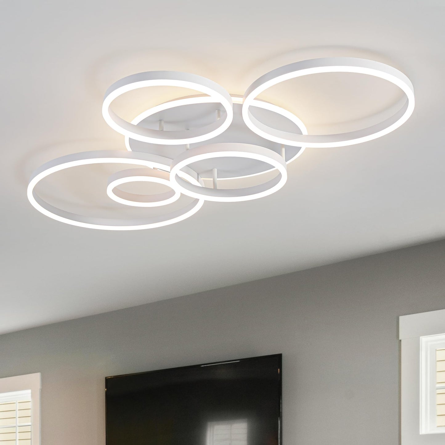 ONeeldy Modern Led Ceiling Light White Flush Mount Ceiling Lights Fixtures Dimmable 47 Dining Room Light Fixture With Remote 6 Rings Kitchen Lighting Fixtures Ceiling Lamp For Bedroom Living Room