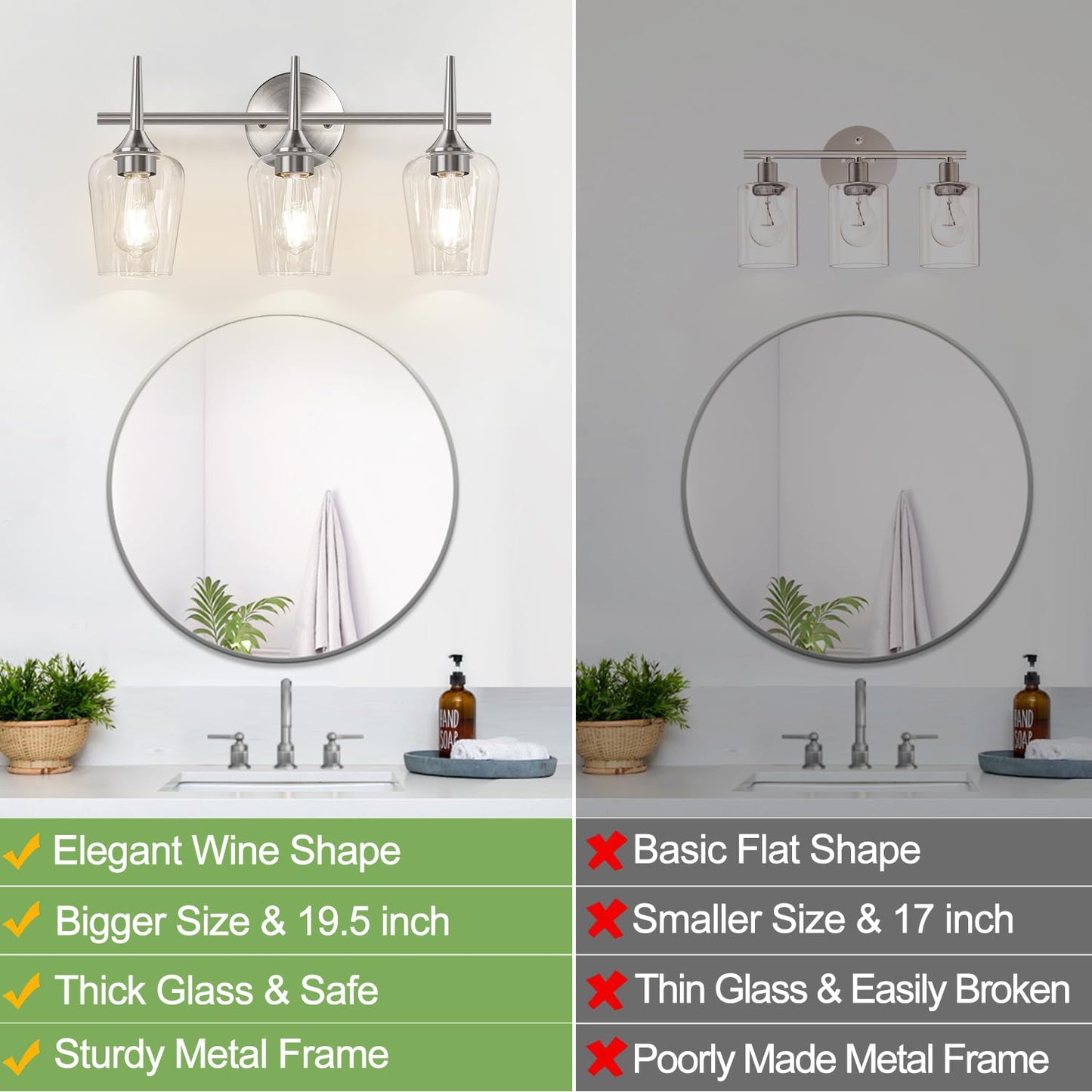 Mokatng 3-Light Bathroom Light Fixtures  19.5 In Brushed Nickle Vanity Lights For Bathroom With Clear Glass  Bathroom Lighting Fixtures Over Mirror  Modern Wall Lamp For Cabinet Hallway