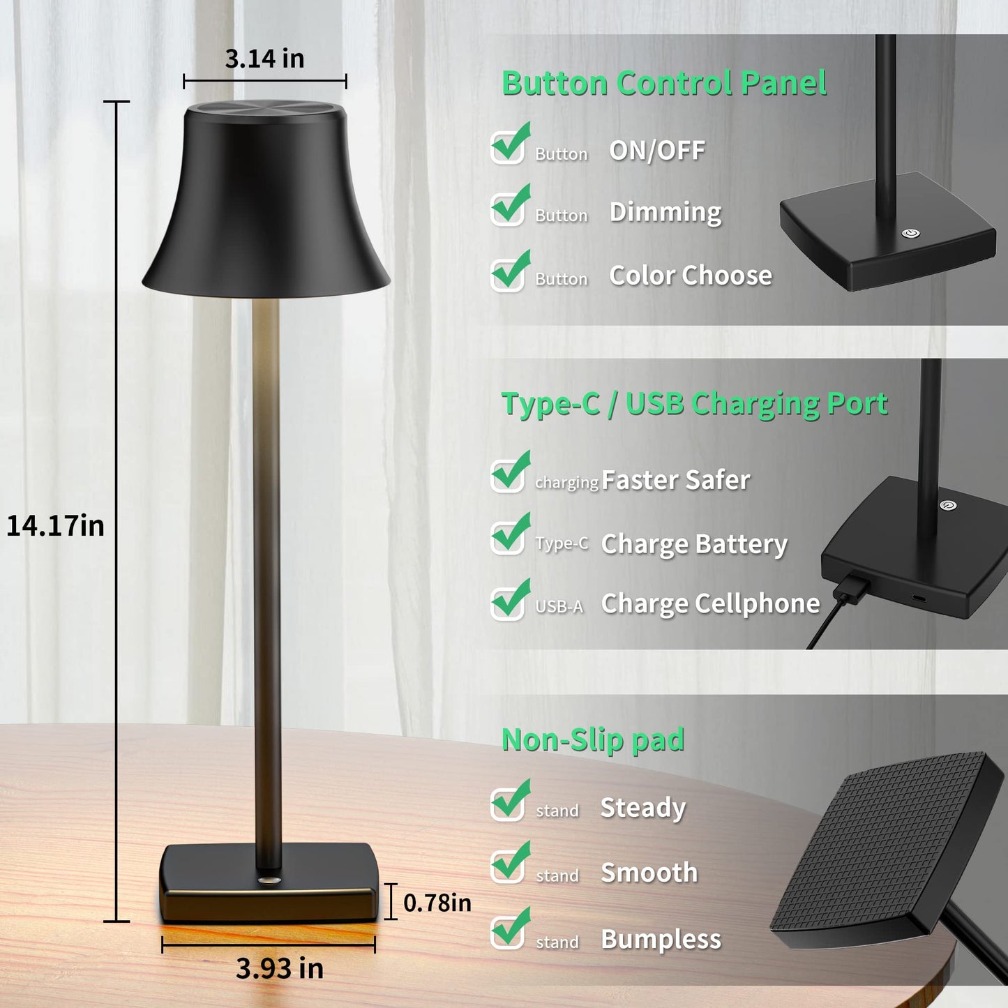 SAKRINGT 2 Pack LED Cordless Table Lamps, Rechargeable 5000mAh, 3 Color Dimming, Aluminum, Black, Model S807