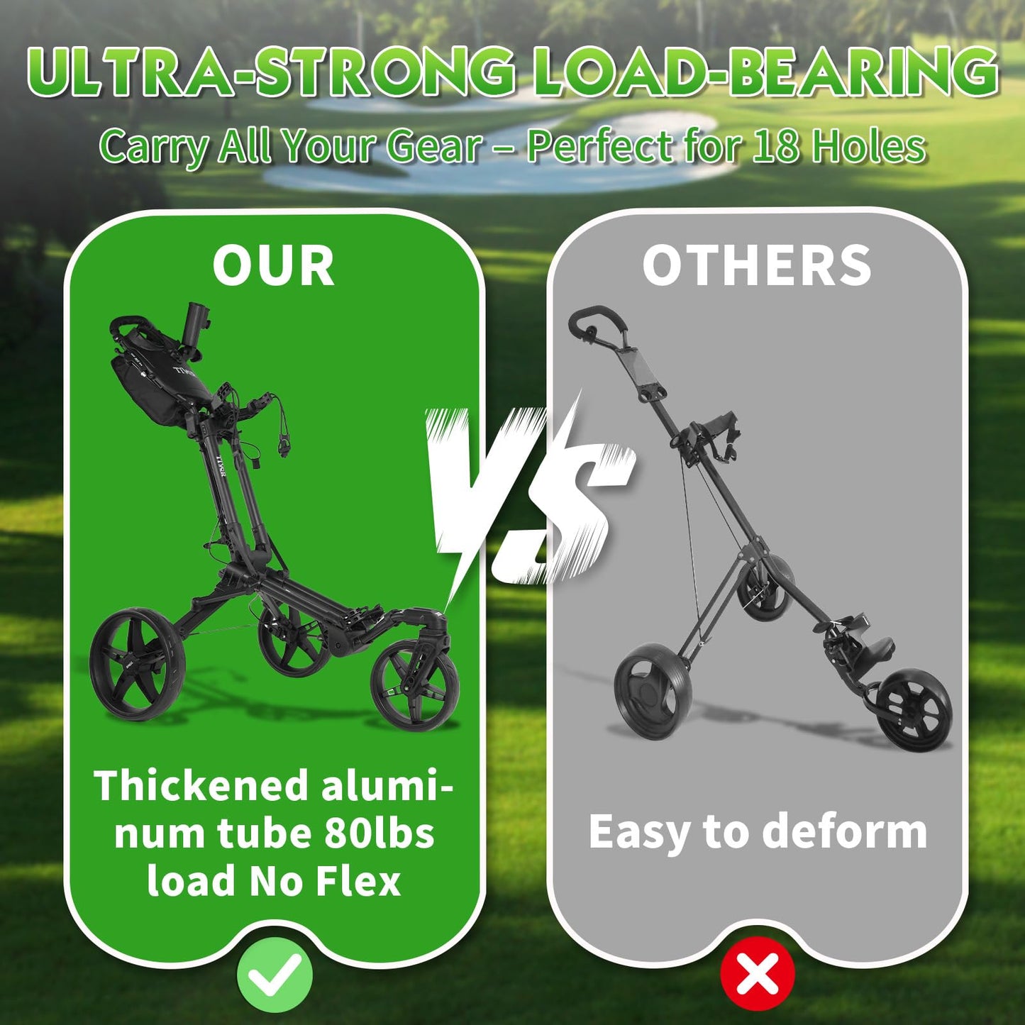 Golf Push Cart with 360° Front Wheels & Handbrake,Tivor 3 Wheel Pull Cart Offers One-Click Folding and All-Terrain Mobility