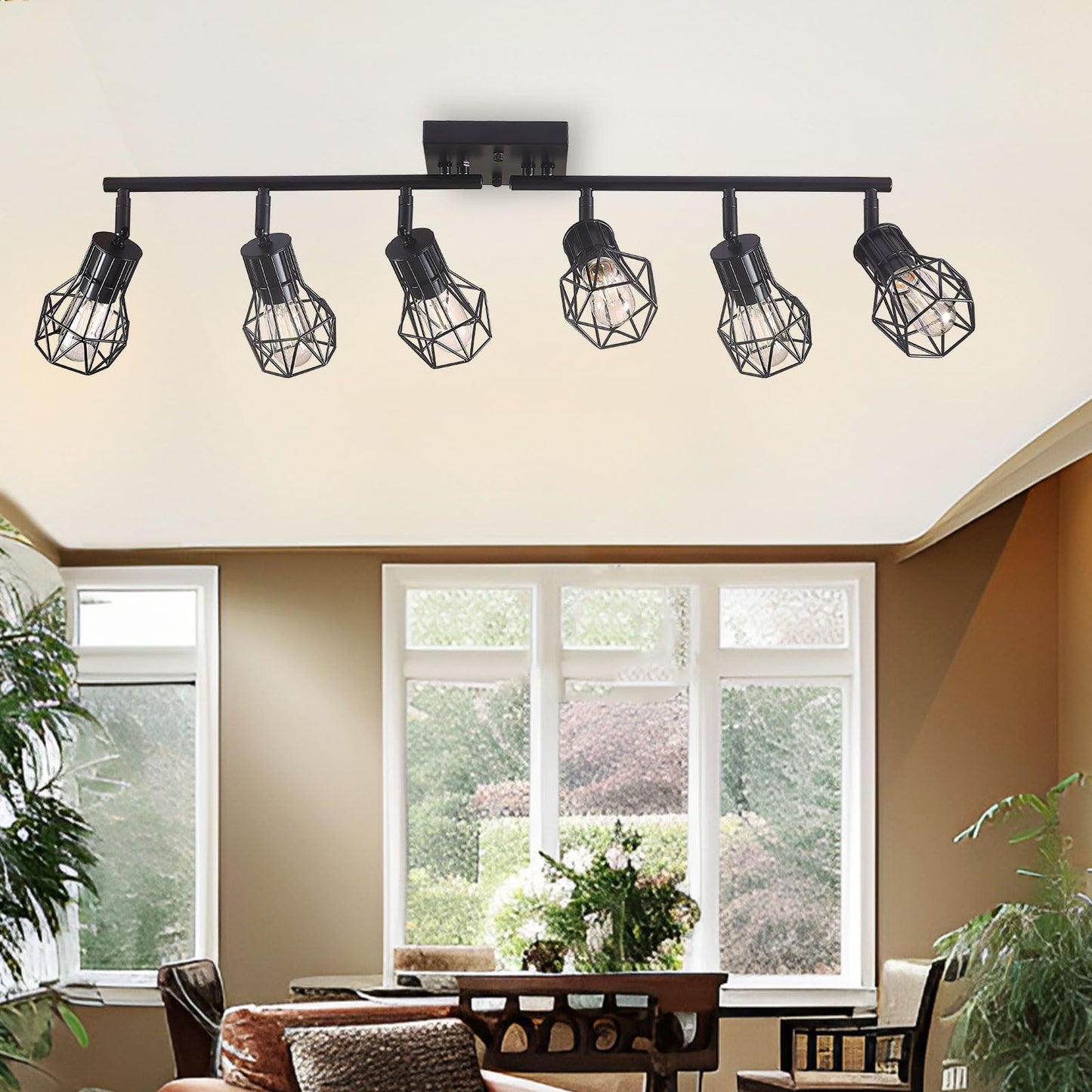 Banganma Black Track Lighting Fixtures Ceiling 6-Light Farmhouse Track Lighting With Metal Cage Design - Kitchen Lights Ceiling Mount For Kitchen  Living Room  Dining Room (E26 Base)