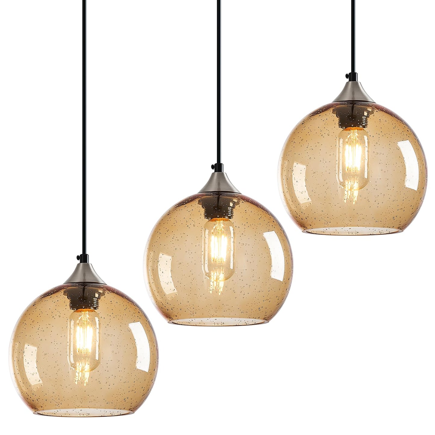 Lbsqj Light Brown Glass Pendant Lights Kitchen Island Lighting Globe Pendant Light Fixtures Modern Pendant Lighting For Bedroom Living Dining Room Light Fixture (7.87 In  3 Pack)