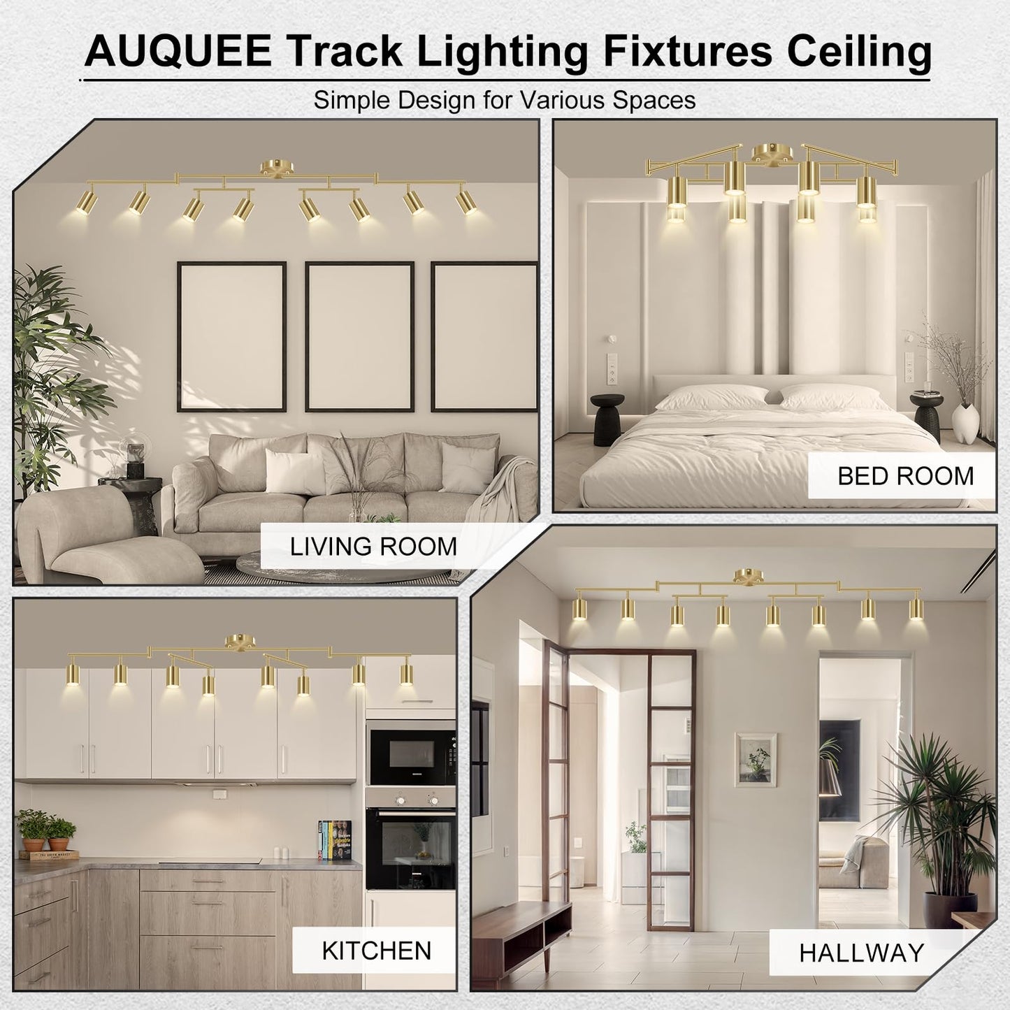 Auquee 8 Light Track Lighting Fixtures Ceiling  Gold Kichen Track Lighting Fixtures  Rotatable Light Heads  Adjustable Modern Led Track Lights For Kitchen/Hallway  No Gu10 Bulb