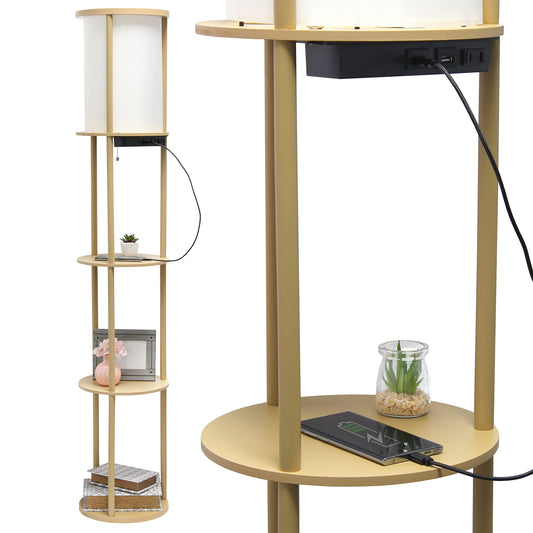 Simple Designs Round Shelf Etagere Floor Lamp with USB Ports, 62.5in, Tan, Model LF2010-TAN, Plastic Material